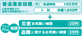 普通傷害保険(自動車運転中)+お見舞い補償(災害と盗難に関するお見舞い)